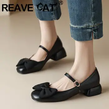 Дизайн REAVE CAT, женские туфли-лодочки, круглый носок, низкий каблук, ремешок с пряжкой, узел-бабочка, Неглубокая Элегантная Повседневная женская обувь больших размеров 46 47