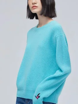 Женский свитер 2023, новинка осени-зимы, 100% кашемир, вышивка в полоску, Однотонный пуловер с круглым вырезом и длинными рукавами для пригородных поездок.