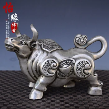Китай антикварная серебряная статуя быка богатства Мяо фэншуй, взмывающая к небу, металлическое украшение для дома ручной работы
