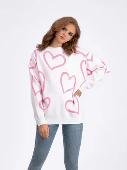 Новый зимний модный женский вязаный топ с круглым вырезом, Элегантный топ с рисунком в виде сердца, Вязаный винтажный пуловер