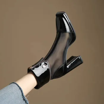 Пикантные черные ботильоны из сетчатого материала на высоком каблуке, женские осенние ботинки из лакированной кожи на молнии спереди, 2023, женские туфли-лодочки с квадратным носком на толстом каблуке